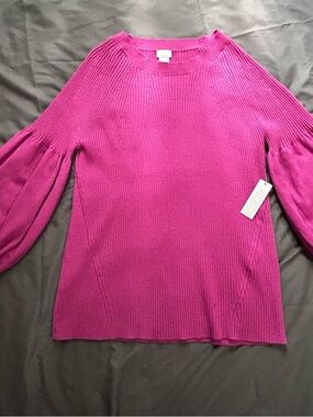 Chico's Bright Fuchsia Ribbed Crewneck Sweater with Balloon Sleeves